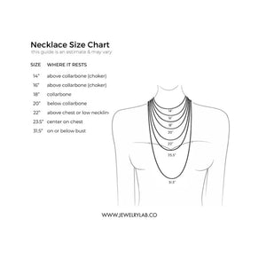 Aji XL women's thick chain size chart displaying necklace lengths from 14" to 31.5", indicating where each length rests on the body.